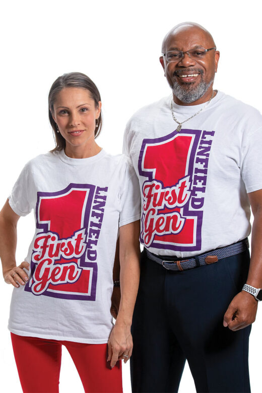President Miles K. Davis and Naomi Pitcock in Linfield First-Gen t-shirts