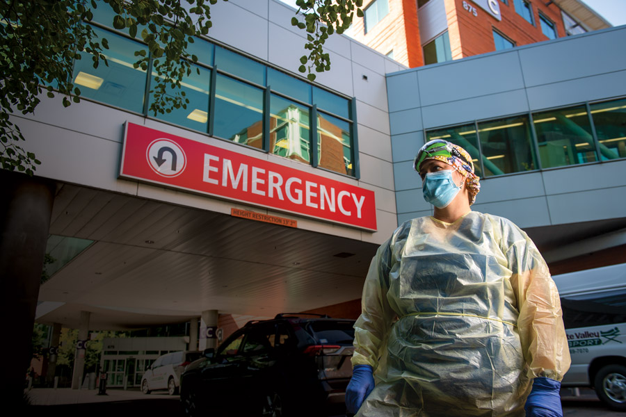 Mindy Close in PPE outside of the emergency room at Salem's hospital