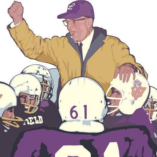 Linfield football illustration of coach celebrating with team. By Ward Hooper
