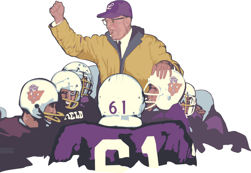 Linfield football illustration of coach celebrating with team. By Ward Hooper