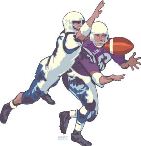 Illustration of a Linfield football player making a catch against an opponent. By Ward Hooper