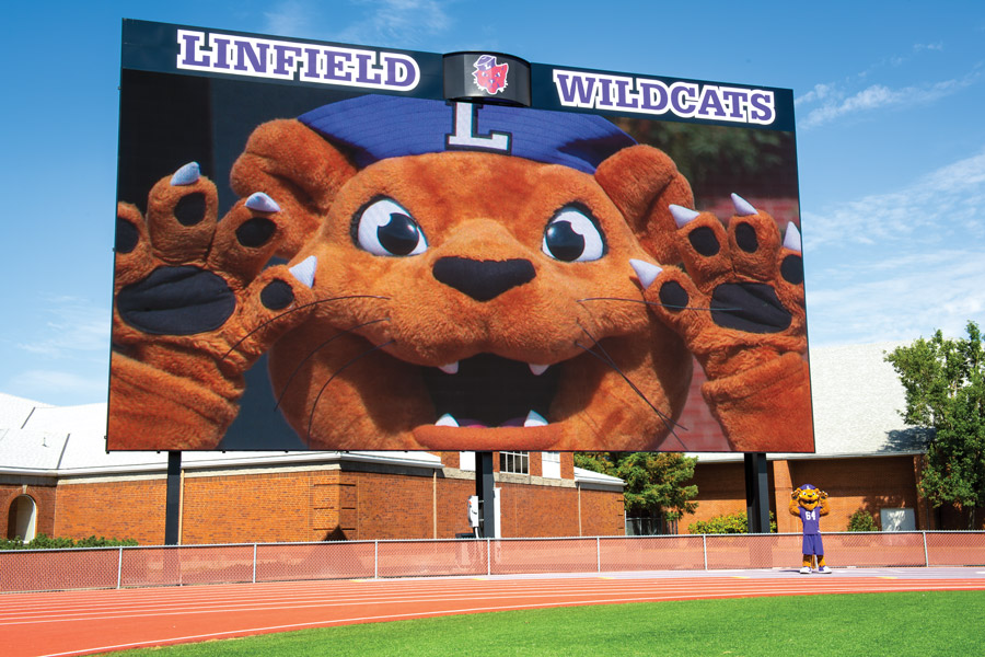 Mack the Wildcat pictured on the video display and standing next to it, to illustrate the size.