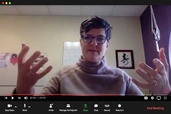 Jane Samuels, associate director of athletics speaking on Zoom during a WildX meeting