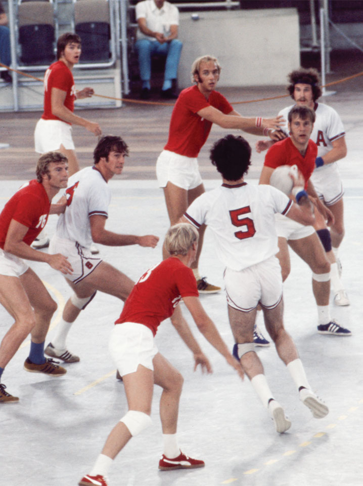The U.S men's handball team, including Roger Baker '68, competing on the court against Danish team at the 1972 Olympics