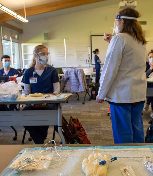 Nursing professor teaching a class of nursing students all in PPA.
