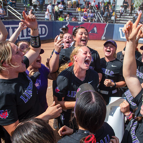 Linfield softball team celebrating.