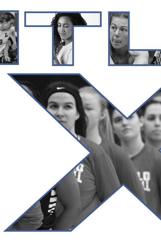 The words Title IX with pictures of Linfield women athletes