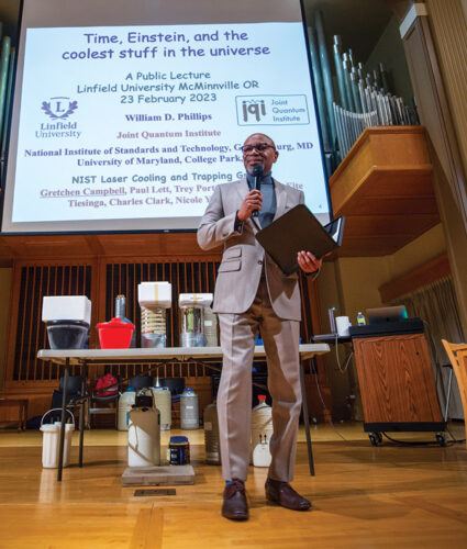 President Davis speaking to the audience at the opening of the Nobel Laureate keynote speech.