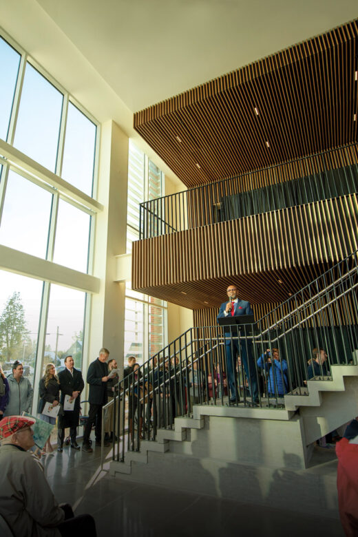 President Davis speaking at the science center ribbon cutting.