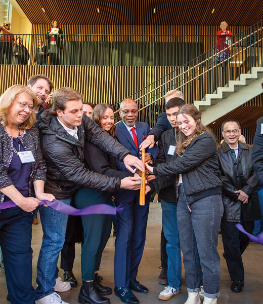 Faculty and students cut the ribbon on the new science center.