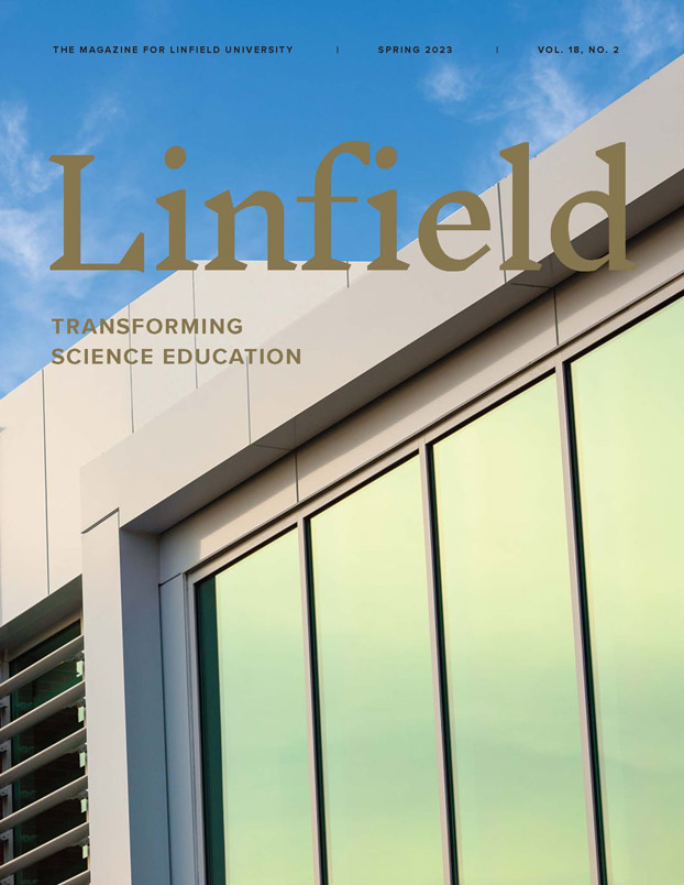The cover of the spring 2023 Linfield Magazine featuring the new W.M. Keck Science Center.