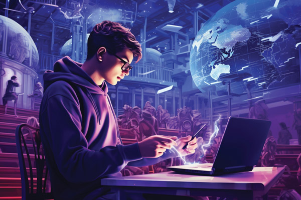 AI-generated image of a male student working on a laptop.