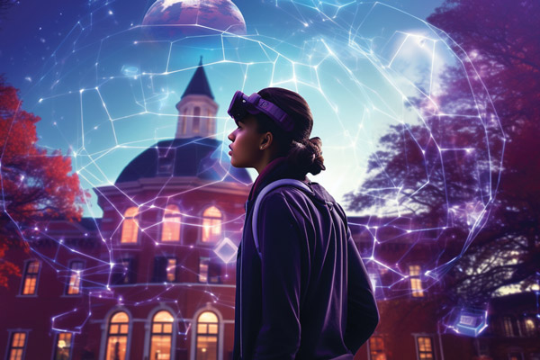 AI-generated image of the female student standing outside of Pioneer Hall.