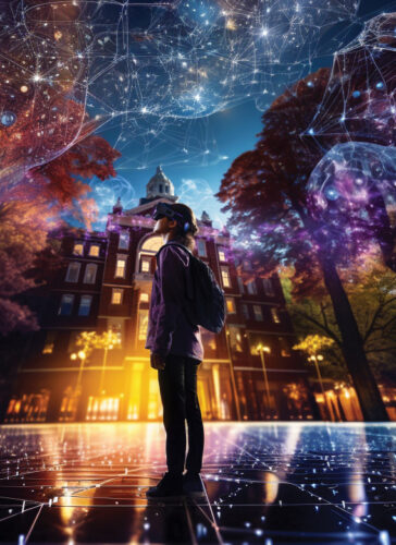 AI-generated image of Pioneer Hall and female student wearing Oculus headset.