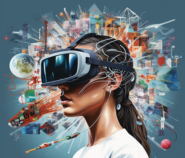 AI-generated photo of a female student wearing Oculus headset.