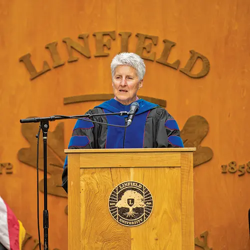 Interim President Johnson speaking at 2024 commencement.